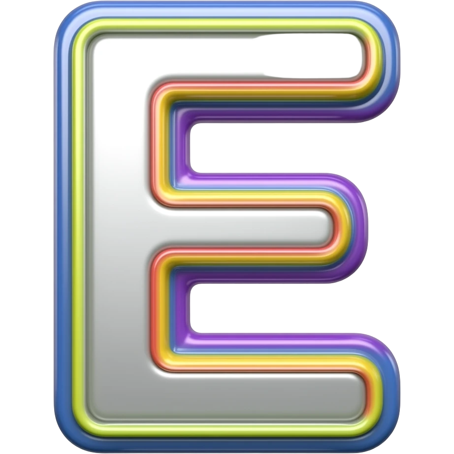 name "E" in silver, 3D style typography lettering, each color of the rainbow as a border outlined around each letter, isolated, 3d rendering, no emoji icons no emoji faces and must have no human figures emoji