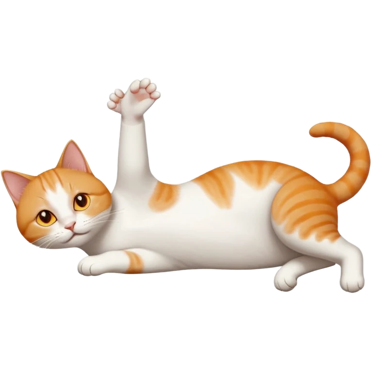 ginger and white cat with orange eyes doing a big extremely long stretch reaching up into the air with arms and legs side by side together straight and overextended whilst lying on its side emoji