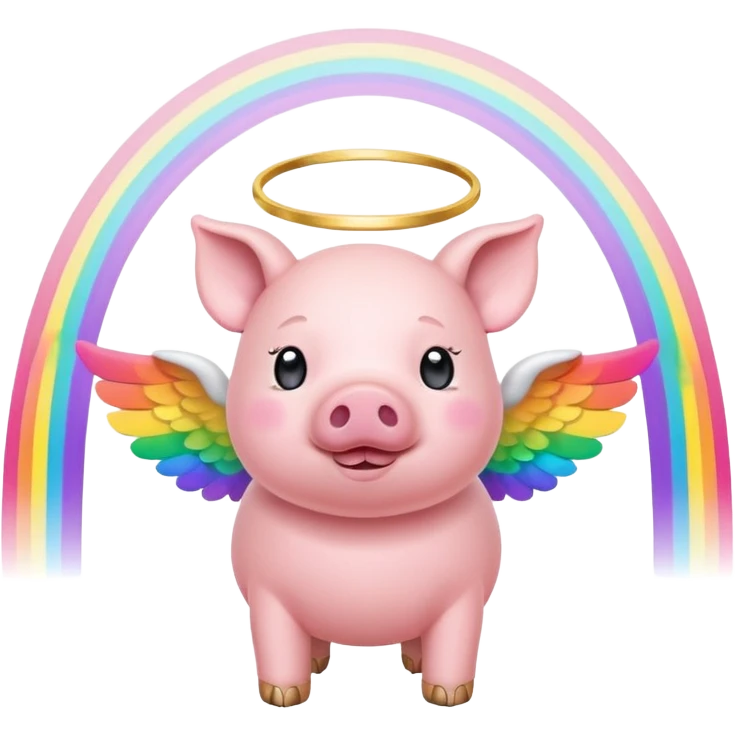 cute pig with angel wings and halo crossing colorful rainbow bridge emoji