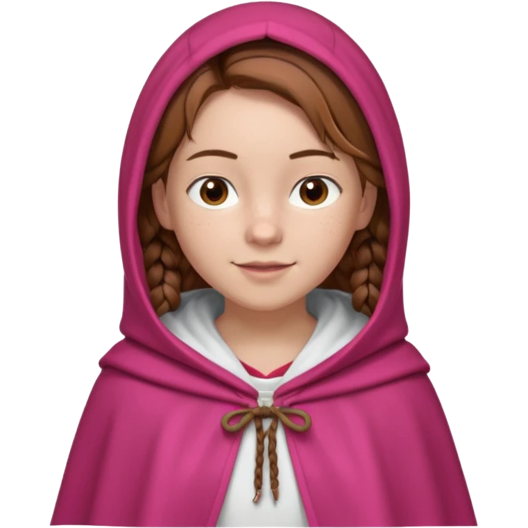 a 12 year old girl with fair skin, freckles, and brown hair done in French braids that come down to her breasts. she has a red hooded cape with the hood drawn. she has big, brown eyes and normal eyebrows. she has a pretty white t-shirt under her cloak. she has a warming smile with pale pink lips emoji