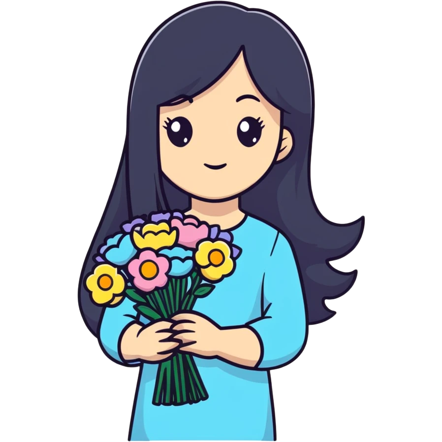 beautiful girl with long black hair holding a bouquet of flowers emoji