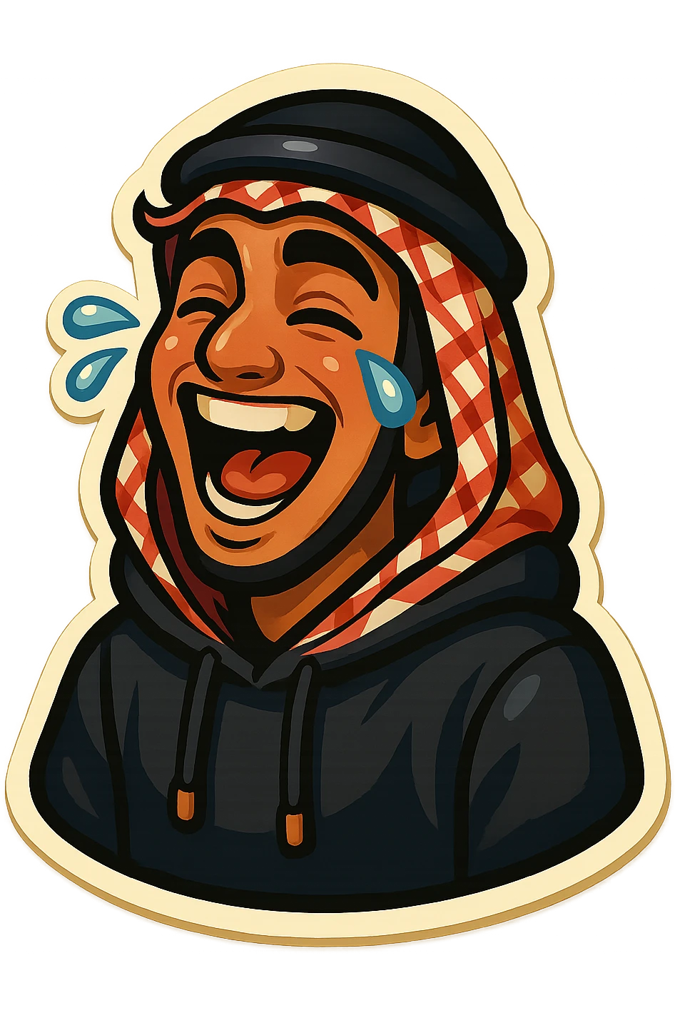 cartoonish, bold, vibrant emoji-style sticker of Ara, an Arab young man with medium brown skin, black hair, wearing casual urban Middle Eastern streetwear like a keffiyeh scarf or hoodie, laughing uncontrollably with exaggerated expression emoji