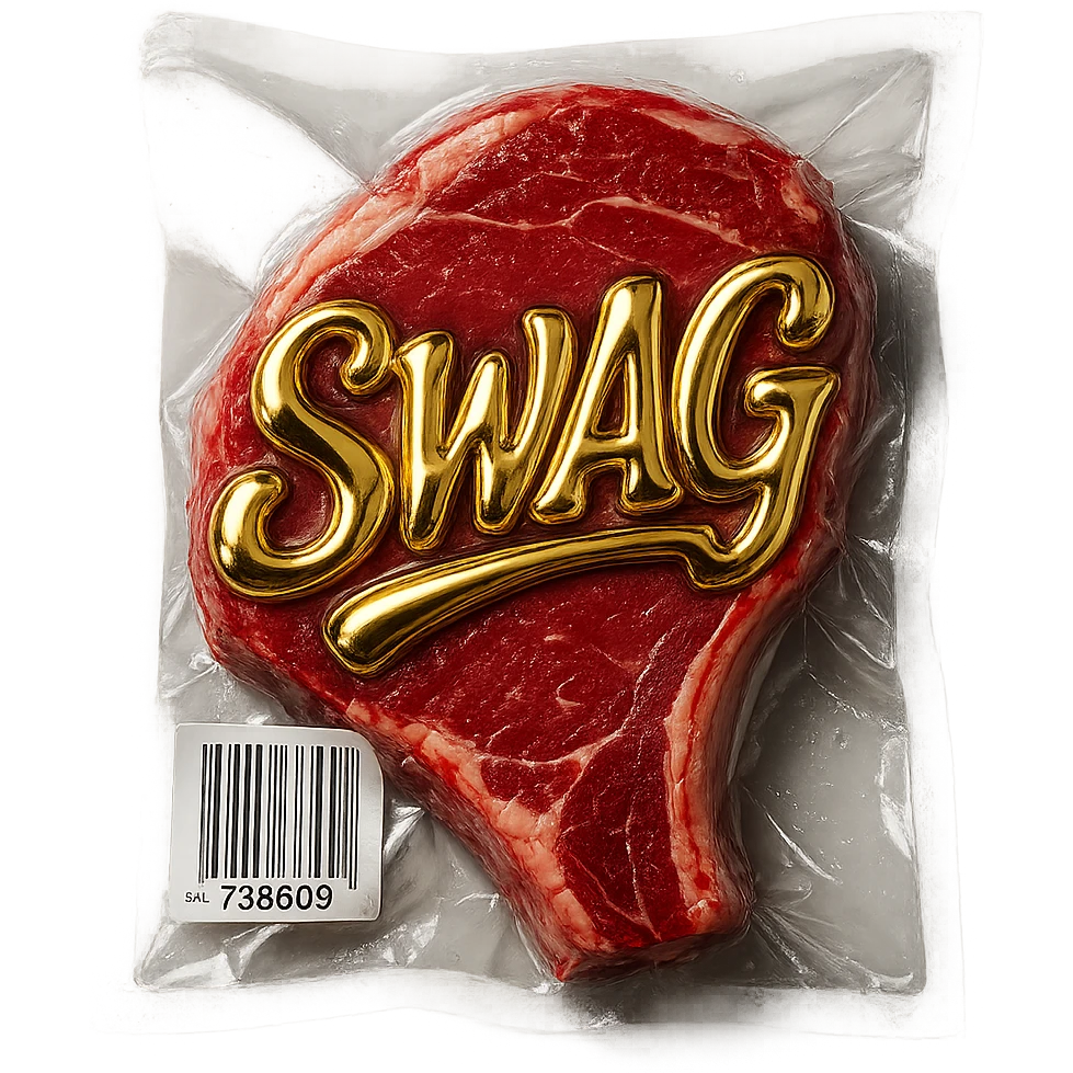steak with gold cursive 'SWAG' lettering, shiny and inflated emoji