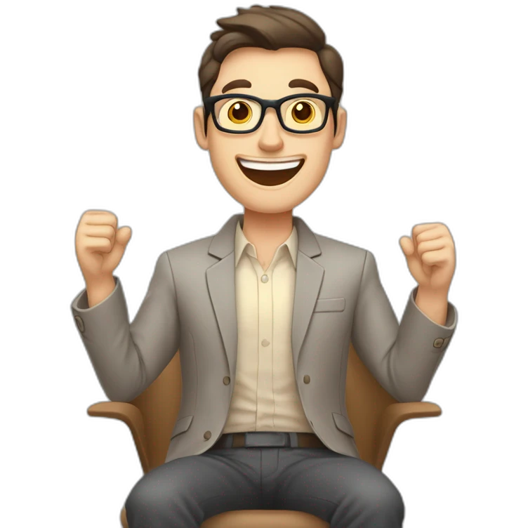 Joyful Celebrating victory Hands up Pale skinned Fit Man With dark brown hair in gray jacket, beige office shirt, Brown pants and vintage glasses sitting In a soft chair emoji