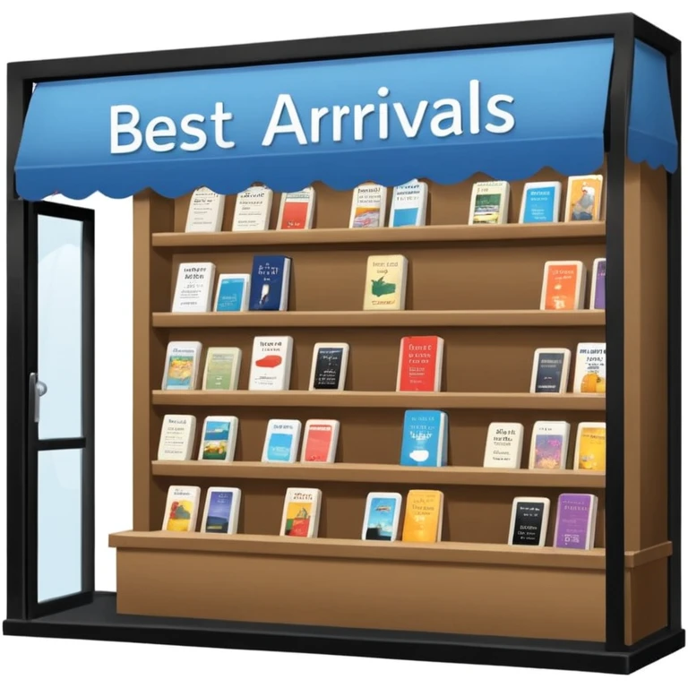 Bookstore window display. A sign displays “New Arrivals This Week”. Below, a shelf tag with the text “Best-Selling Novels Here”.  emoji