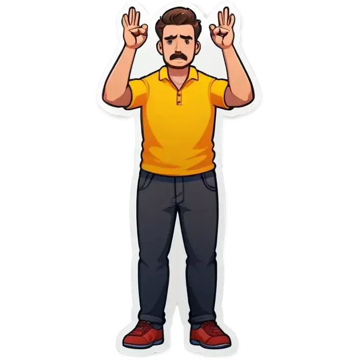 Man holding both arms in the air and holding an electrical cable der Man looks sad emoji