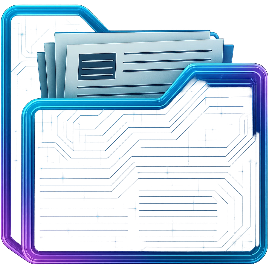 Redo the cyberpunk folder icon so that it is open with visible paper or documents inside. Keep the glowing neon blue and pink edges, circuit patterns, and transparent background. The folder should appear three-dimensional, futuristic, and visually open, with paper or documents clearly inside, in a cyberpunk style with neon blue and pink glowing edges and circuit patterns. emoji