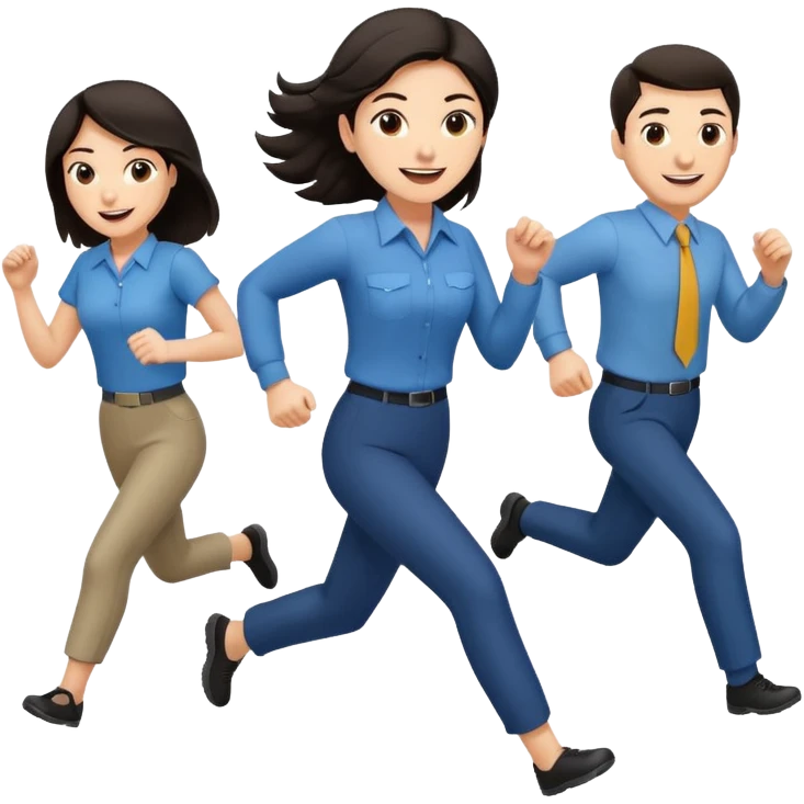 a female co-worker running and other co-workers chasing her  - female co worker with dark hair way in front... others far behind -- male and female co workers chasing female co worker emoji
