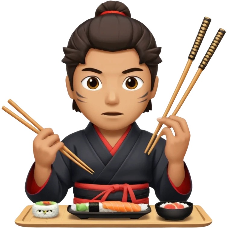 Man with wide eyes eating sushi in a samurai outfit emoji