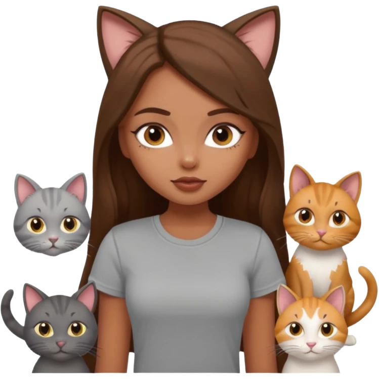 a pretty bratz dusky girl with long brown hair with six cats nd wearing a grey tshirt emoji