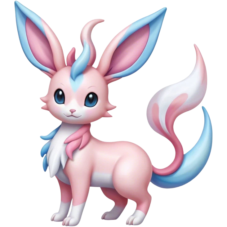 Feral Rare Fantasy cute realistic adorable pastel pink light-blue white iridescent Sylveon-Milotic-Minccino-Vernid-hybrid by LiLaiRa, markings, full body emoji