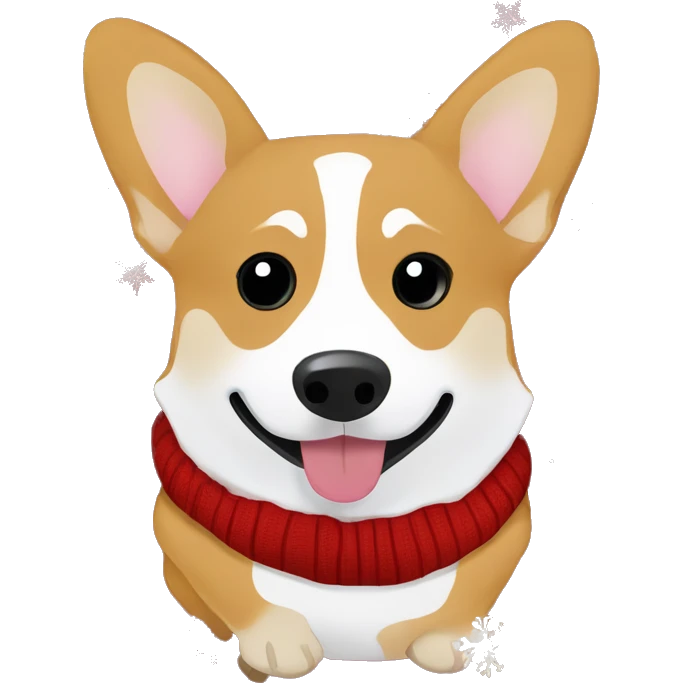 Welsh corgi in a cozy Christmas sweater, surrounded by snowflakes, holding a hot cocoa cup emoji