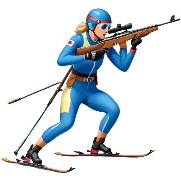 An icon featuring snow-covered trees, distant mountains, and a clear blue sky with a biathlete in motion, holding a rifle and skiing across a snowy course. Transparent background highlights the precision, endurance, and excitement of biathlon. emoji