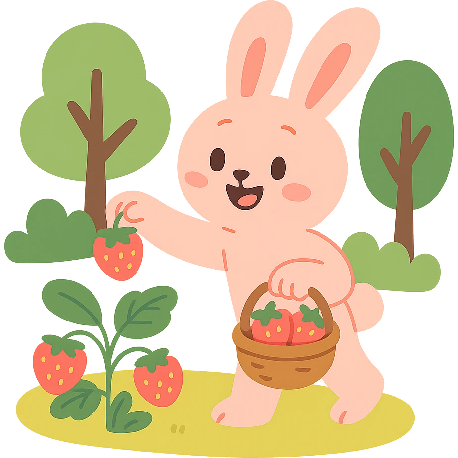 A sweet pastel red soft pastel style illustration of a bunny picking strawberries in the woods, gentle and cute, transparent background emoji
