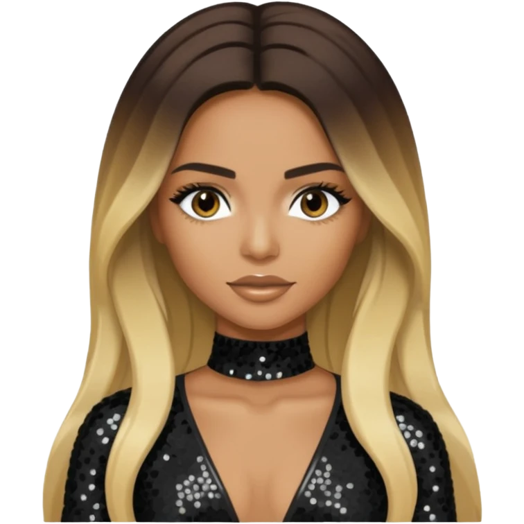 Ciara with long dark brown hair with blonde highlights, black sequin outfit emoji