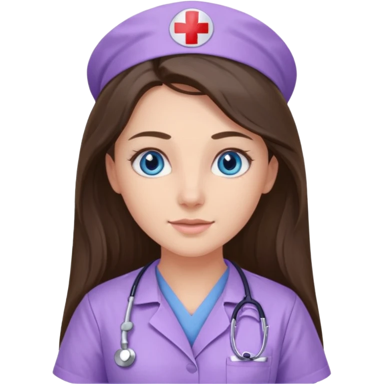 pretty brunette nurse with long hair and blue eyes in lilac scrubs emoji