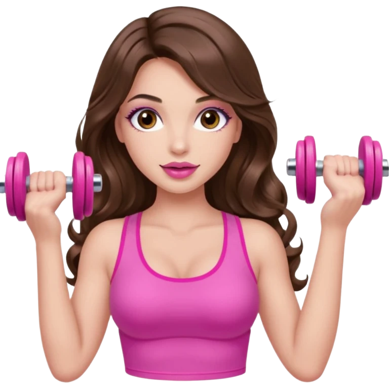girl with long wavy brown hair, brown eyes, long lashes makeup, sexy pink lips, light to medium complexion, wearing a pink sexy top, lifting a pink dumbells emoji