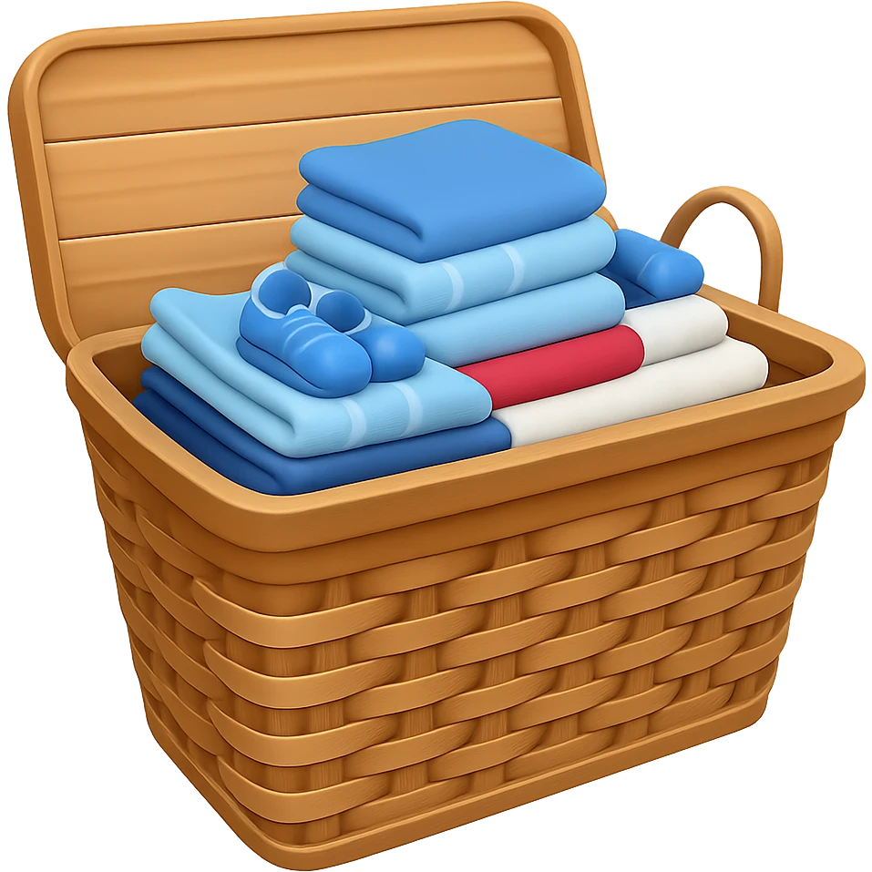 Add folded towels on top of the socks and towels in the wicker laundry basket in emoji style, no background. emoji