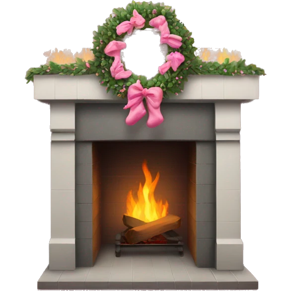 Brick fireplace with pink wreath and pink stockings emoji