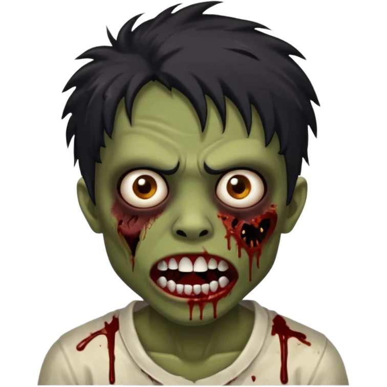 Brown-skinned zombie with messy black hair, wide centered brown eyes, dark bloody marks under the eyes, and a slightly open mouth showing crooked teeth grillz, giving a distressed, undead look. emoji