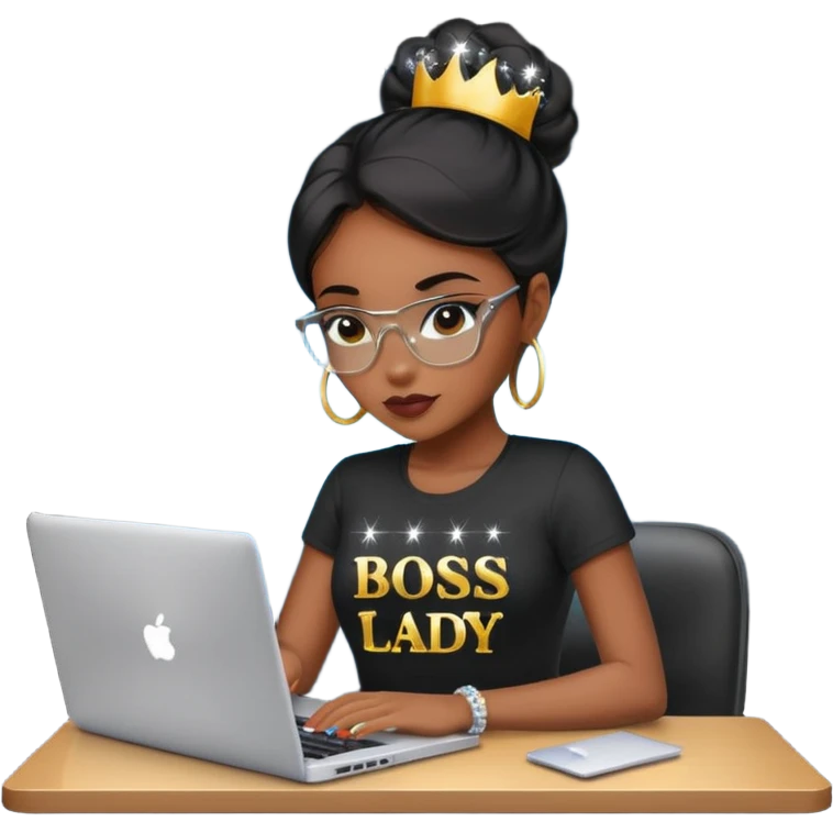 black pretty girl working hard with sparkles on laptop "boss lady" spelled out on shirt emoji