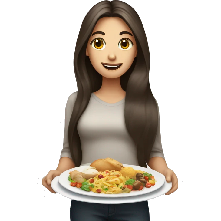 Long hair brunette female showing plates of food emoji