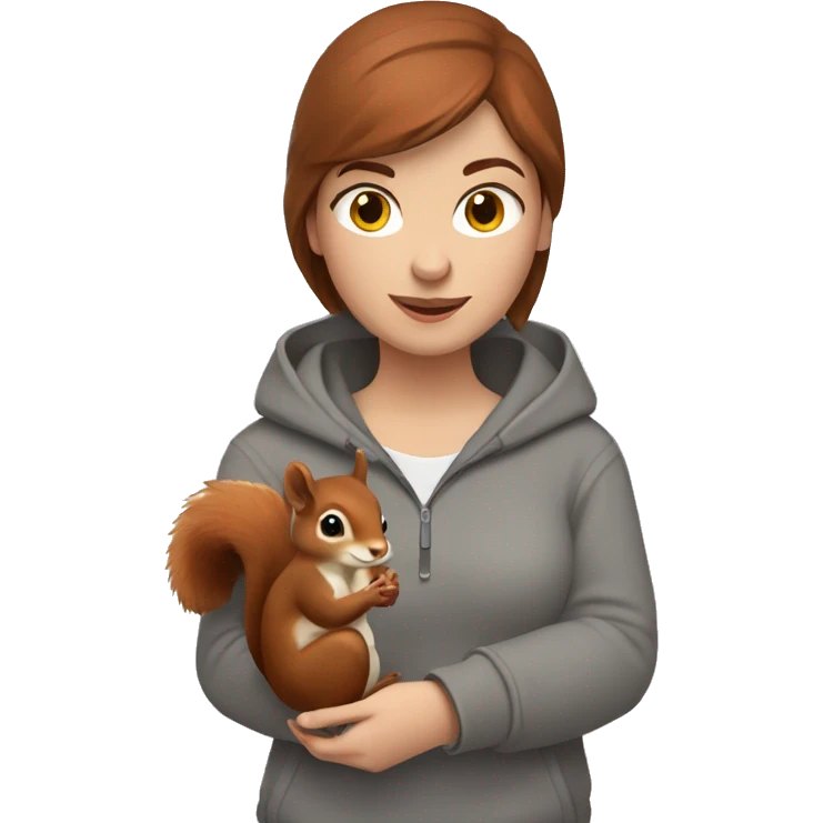 Short brown haired women in grey hoodie holding a red squirrel in hand emoji