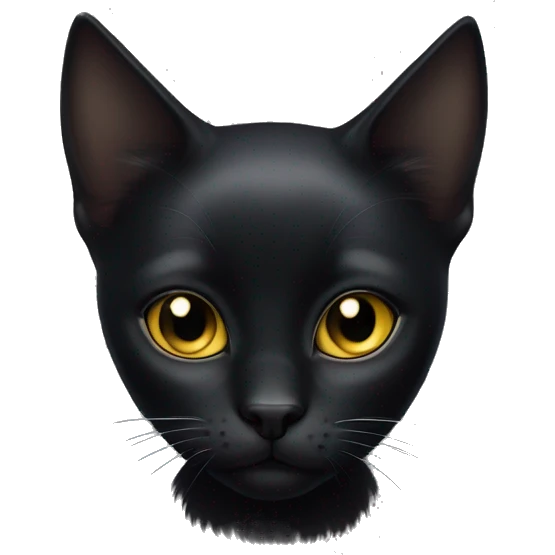 Petite, solid black cat with sleek fur, light yellow eyes, and small black pointed tufts of pointed hairs at the very tips of her ears only, no tufts on the lower ear, blending in with her black fur, fully body, no white markings emoji