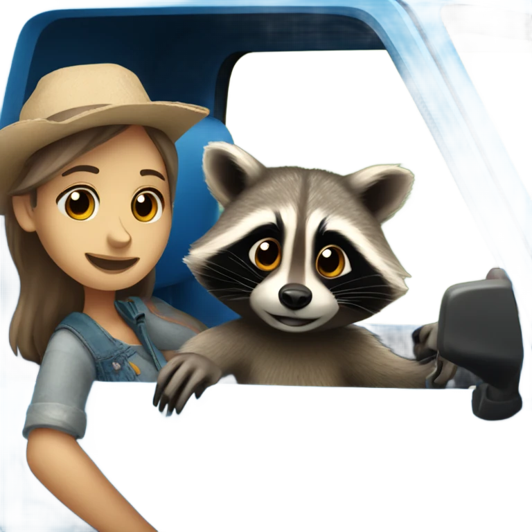 Raccoon driving blue pickup truck with girlfriend raccoon  emoji