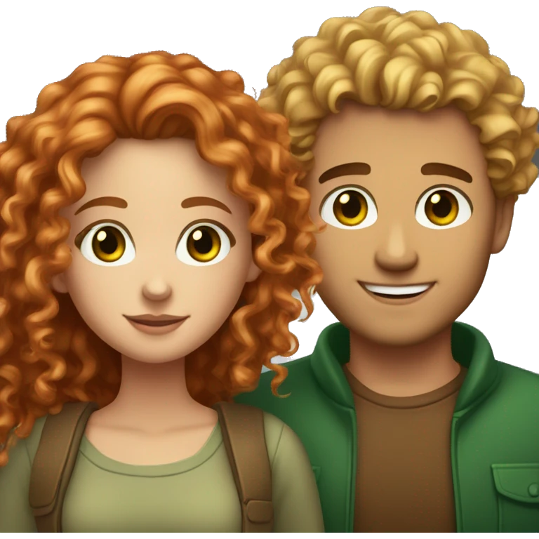 Couple. beautiful girl with red long curly hair and brown eyes. Handsome man with blonde curly hair and green eyes emoji
