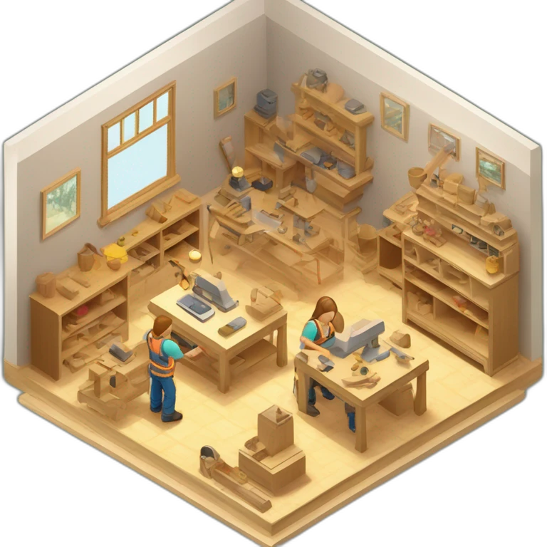 isometric square transparent solid outline border containing indoor woodshop people actively working bright neutral colors emoji