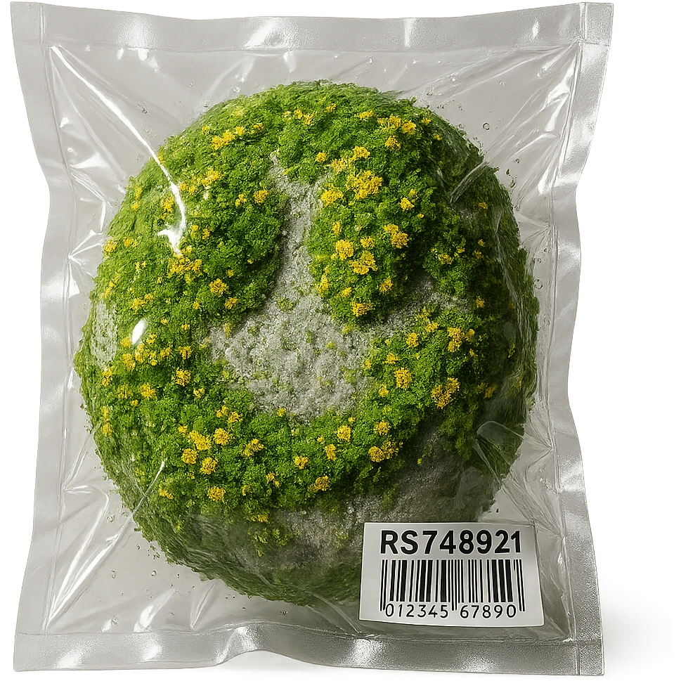 light gray rock, covered in green moss with clusters of small bright flowers, glossy emoji