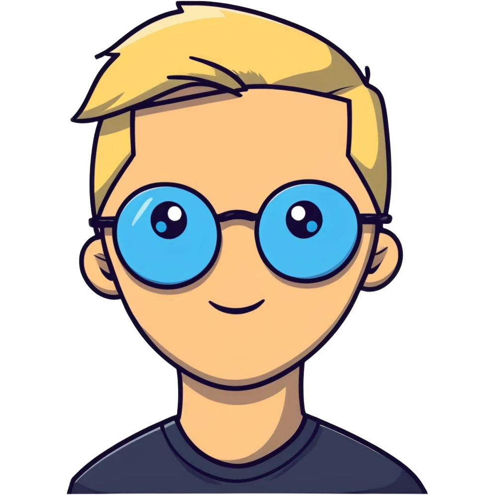 Man with blonde ponytail, round glasses and blue eye emoji