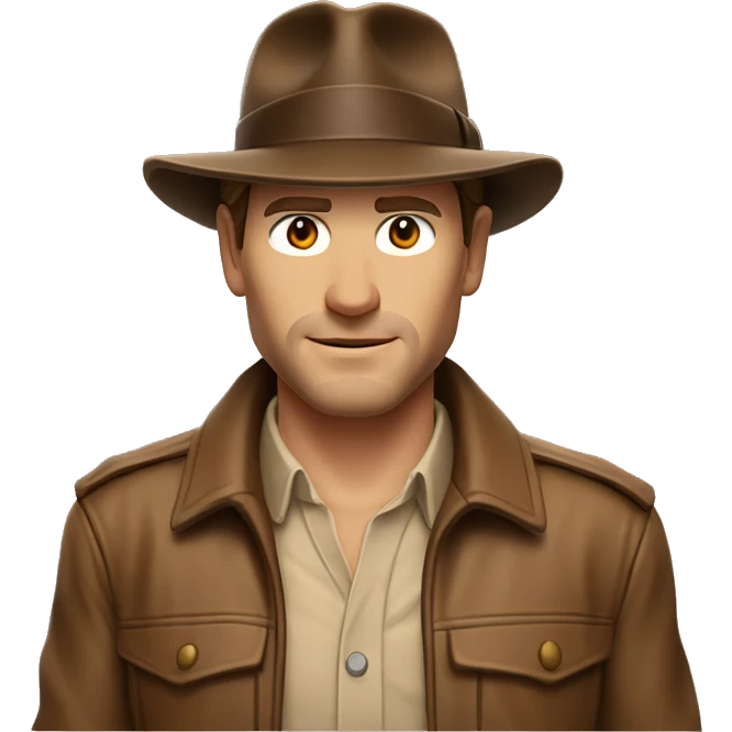 White skin Indiana Jones with a brown jacket and a brown hat, brown hair, beige shirt emoji