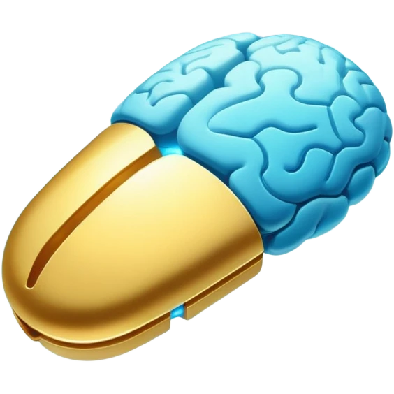 Glowing golden omega pill floating in ethereal blue waves, connected to a luminous brain by streams of light. The brain pulses with enhanced neural activity, with the entire scene having a mystical, flowing quality and soft radiance. emoji