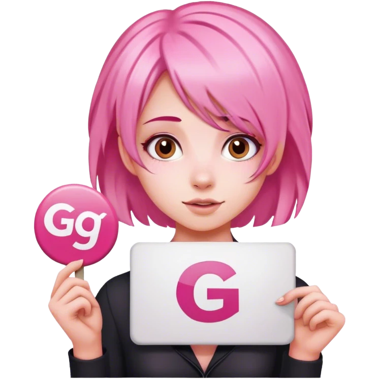 girl with pink hair, big sign, sign says GG emoji