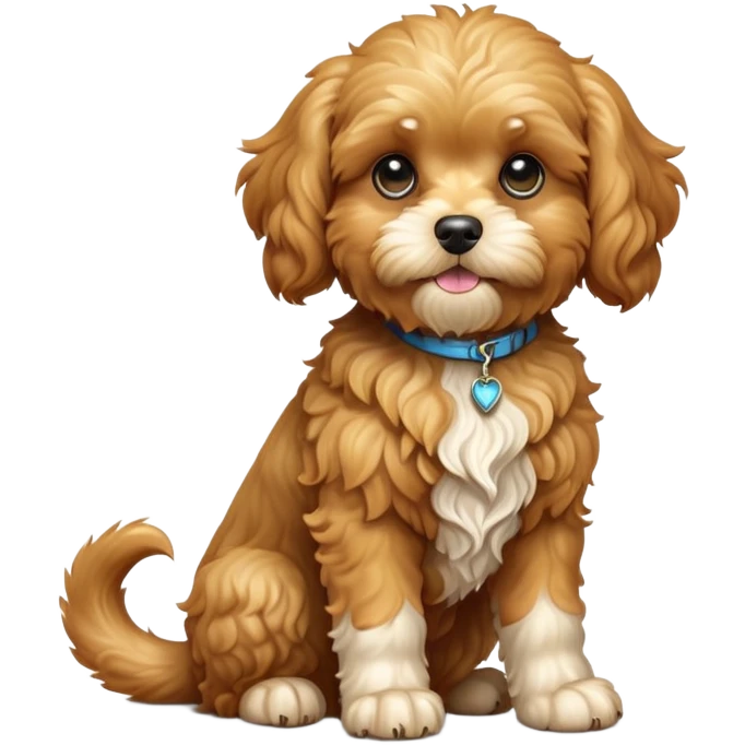 cinematic-[cavoodle dog]-realistic-full-body-sitting-emoji,-tail-resting-loosely-beside-its-paws,-head-tilted-dramatically,-curly-[solid golden]-fur,-simplified-yet-realistic-focused-features,-highly-detailed,-glowing-with-an-almost-sarcastic-glow emoji