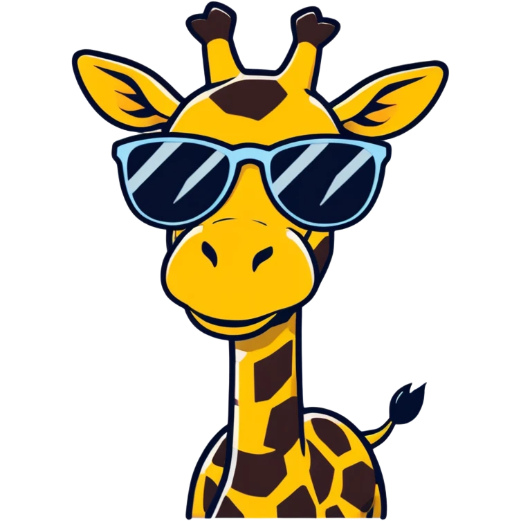 A smug, cool giraffe wearing sunglasses, with a confident smirk. The design should be sleek and stylish, with a slight tilt of the head and maybe a tiny tooth showing. Perfect for 'POG' or 'cool' moments. emoji