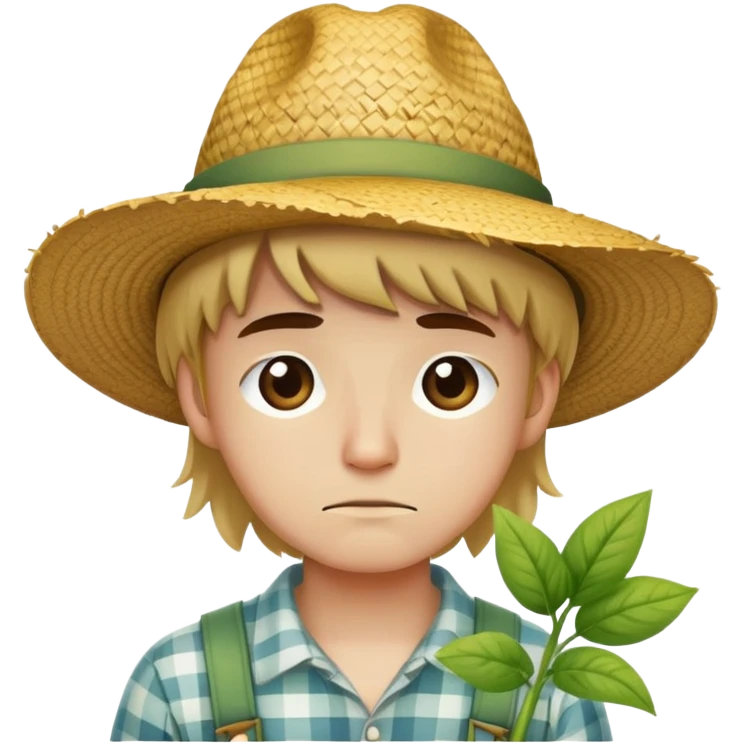 Sad young white gardener in a straw hat emoji