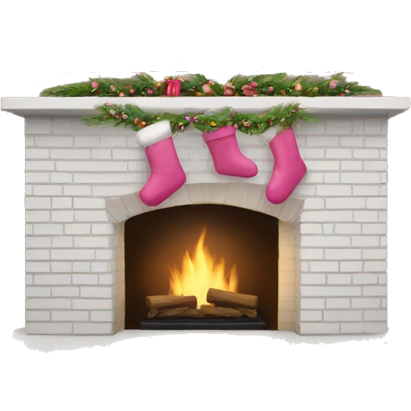 White brick fireplace with pink Christmas decor emoji