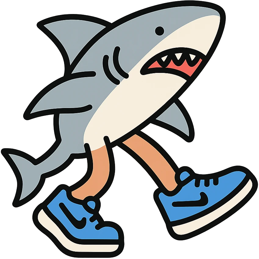 Tralalero Tralala, an Italian Brainrot character: a great white shark with three legs, wearing blue Nike shoes, color outline icon style emoji