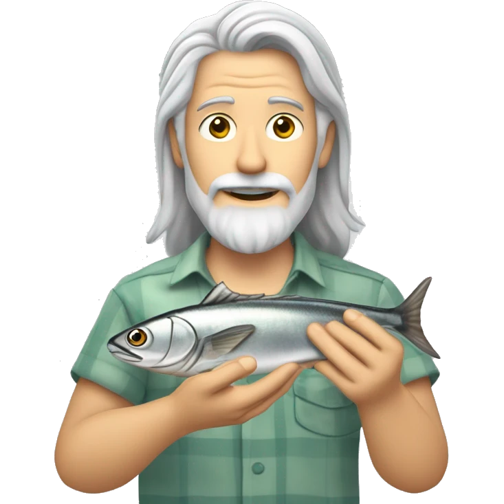 light gray hair man with long hair, light gray beard, open hawaian shirt, holding a sardine fish emoji