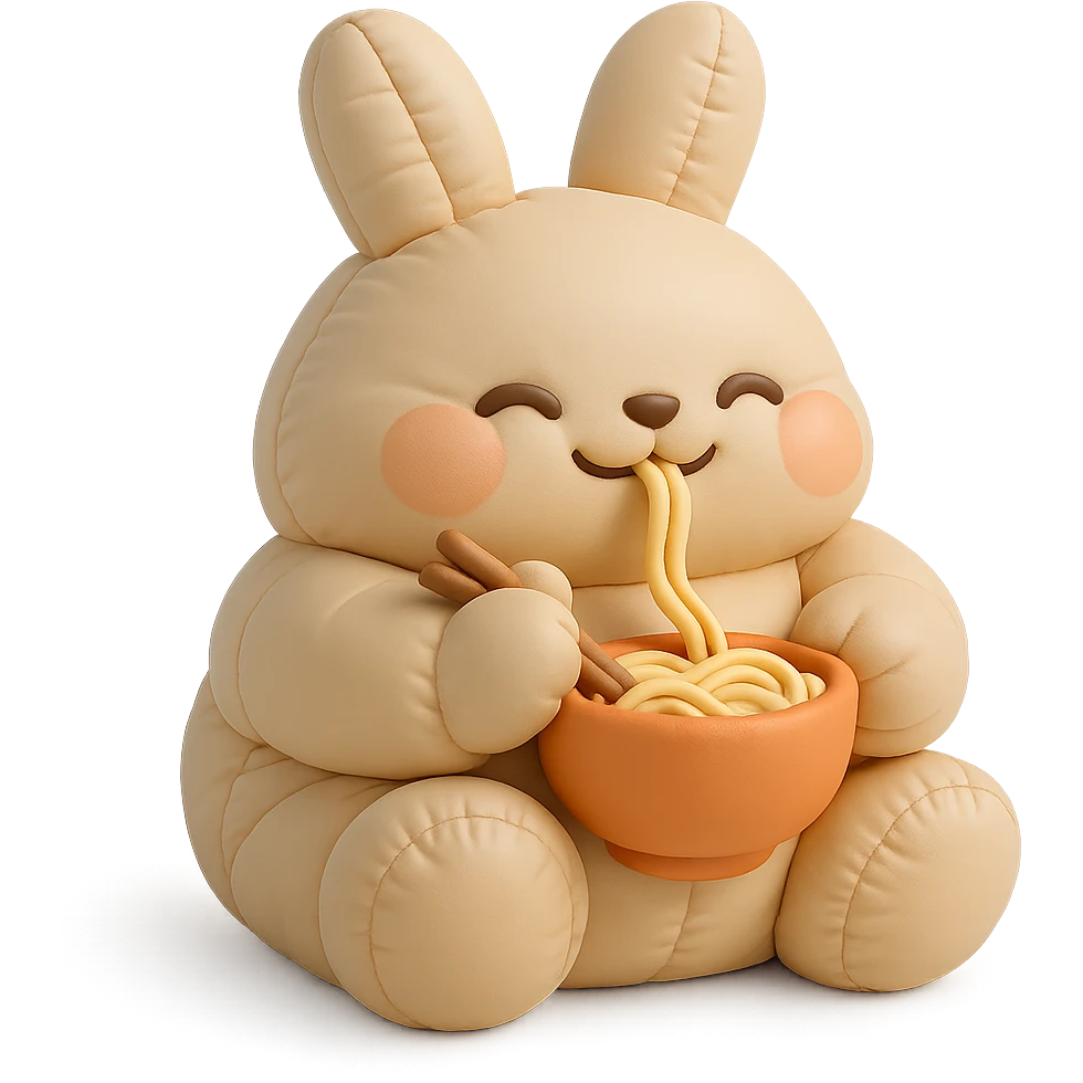 beige bunny happily slurping noodles in cushion style emoji