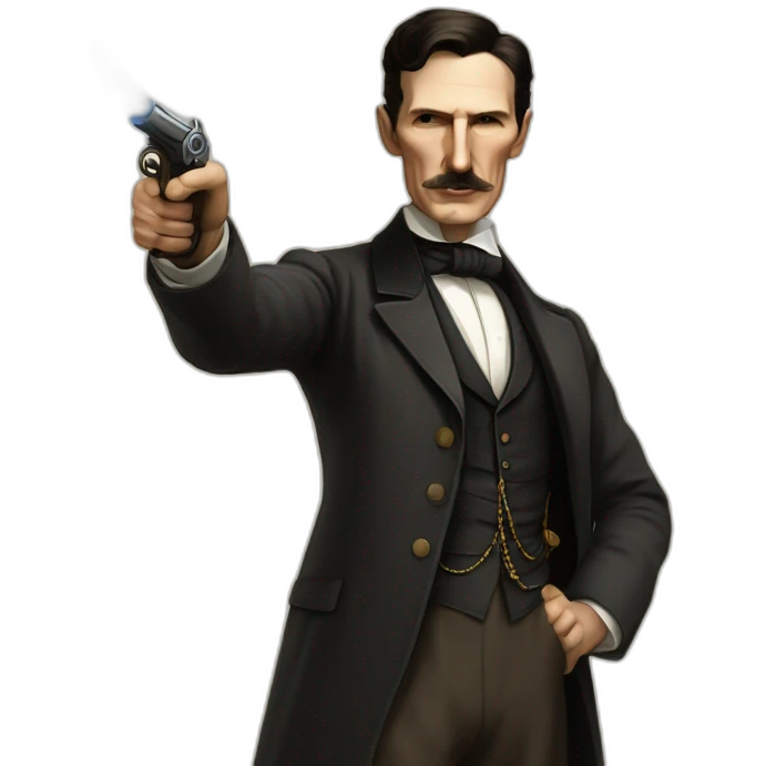 nikola tesla saying sabe muito while pointing a pistol emoji