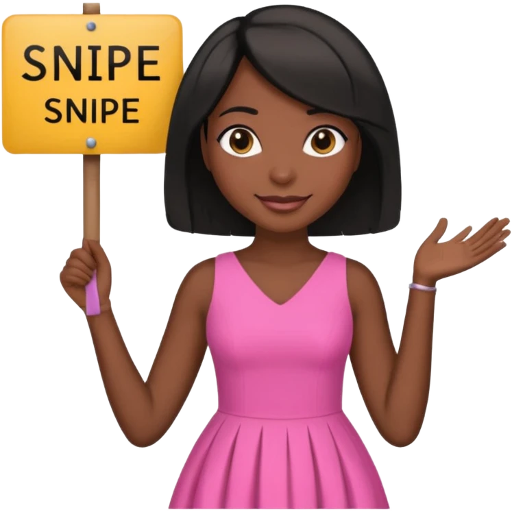 Dark skin woman with black bob in hair holding sign that says snipe  wearing pink dress  emoji