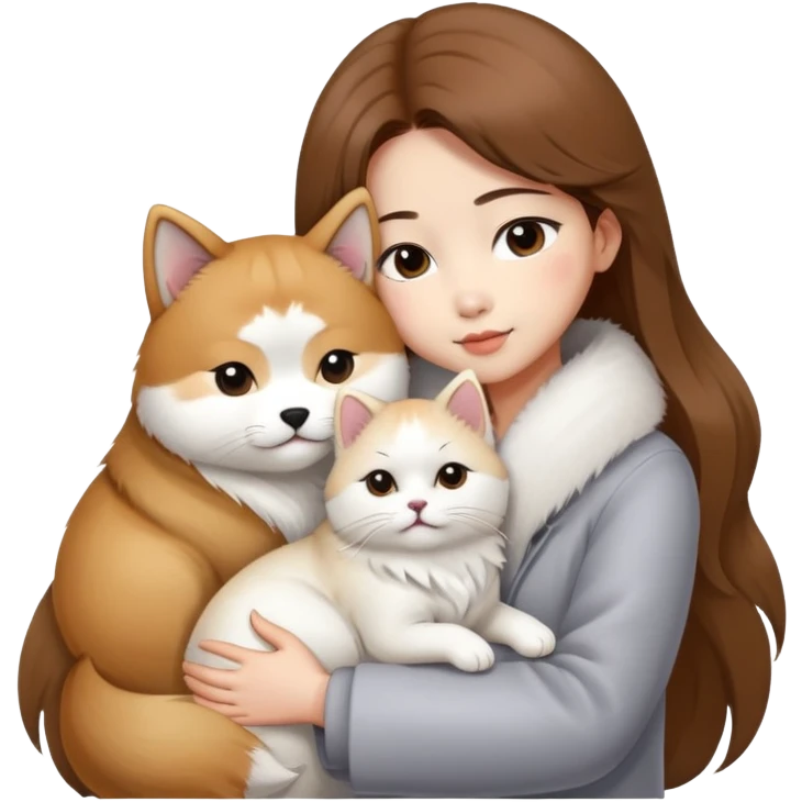 A Chinese fashion girl with brown hair, wearing a light gray fur coat, hugging a Shiba Inu and a long-haired white Persian cat. emoji