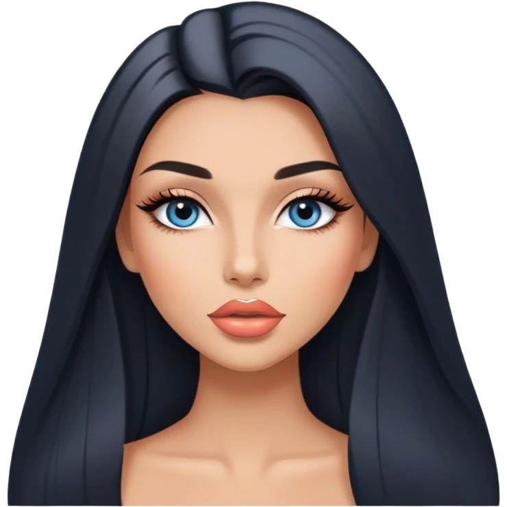 Glamours, tanned, very beautiful girl, with big pump peach-beige-rose lips, long long lashes, black straight smooth silky long hair, straight parting hair, blue-grey eyes emoji