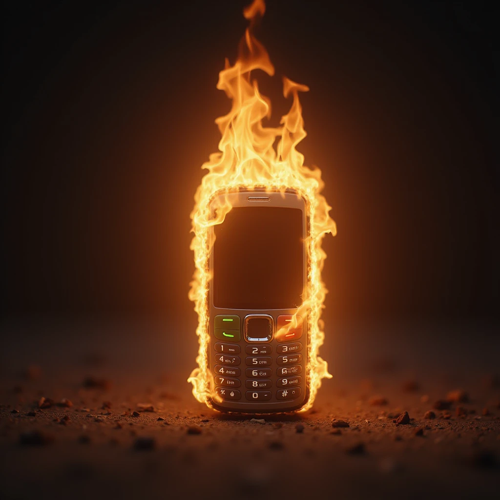 mobile phone on fire, realistic illustration, visible screen and buttons, intense fire emoji