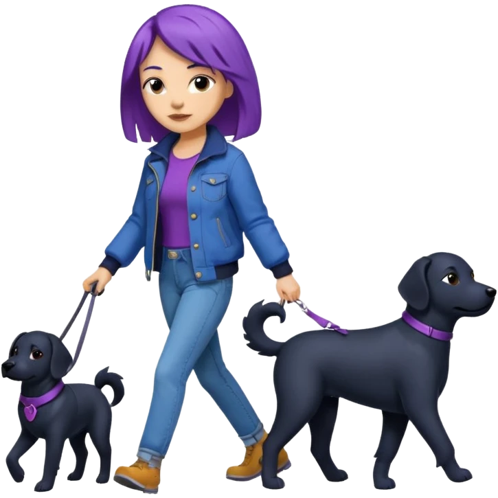 purple haired light skinned woman walking a big, black dog emoji