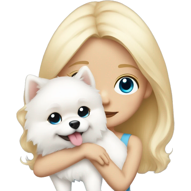 Blond girl white skin blue eyes hugging white Pomeranian with light pink bow emoji